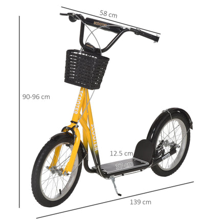 Kids Kick Scooter with Adjustable Handlebar, Dual Brakes, Basket & Cupholder, 16" Inflatable Tyres - Orange