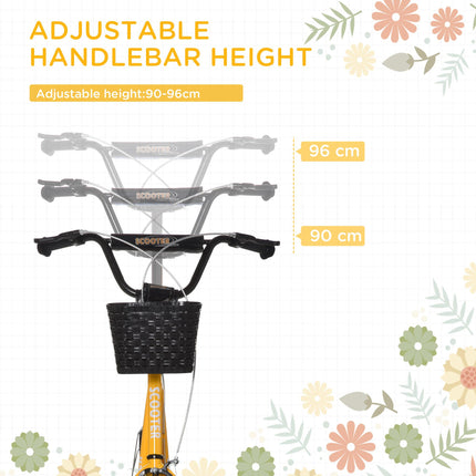 Kids Kick Scooter with Adjustable Handlebar, Dual Brakes, Basket & Cupholder, 16" Inflatable Tyres - Orange