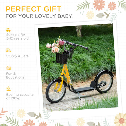 Kids Kick Scooter with Adjustable Handlebar, Dual Brakes, Basket & Cupholder, 16" Inflatable Tyres - Orange