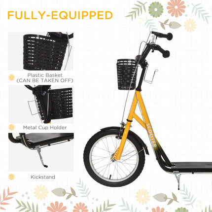 Kids Kick Scooter with Adjustable Handlebar, Dual Brakes, Basket & Cupholder, 16" Inflatable Tyres - Orange