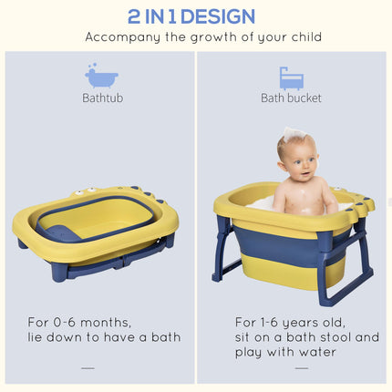 Baby Bath Tub 0-6 Years Collapsible Non-Slip with Stool Crocodile Shape - Yellow