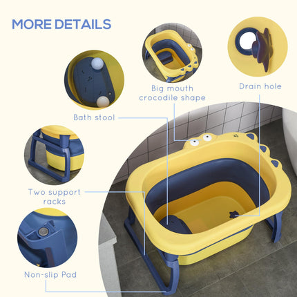 Baby Bath Tub 0-6 Years Collapsible Non-Slip with Stool Crocodile Shape - Yellow