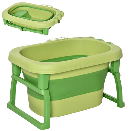 Baby Bath Tub 0-6 Years Collapsible Non-Slip with Stool Seat Crocodile Shape - Green