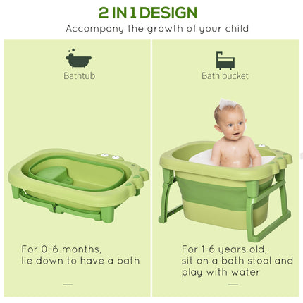 Baby Bath Tub 0-6 Years Collapsible Non-Slip with Stool Seat Crocodile Shape - Green