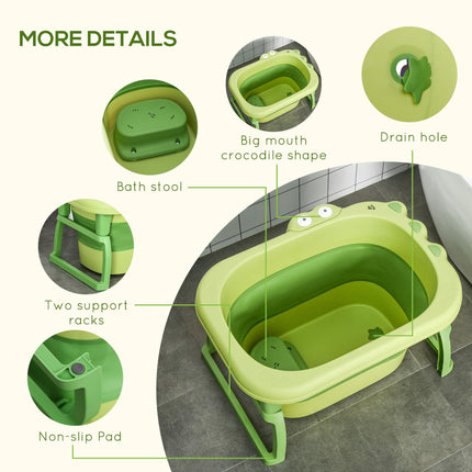 Baby Bath Tub 0-6 Years Collapsible Non-Slip with Stool Seat Crocodile Shape - Green