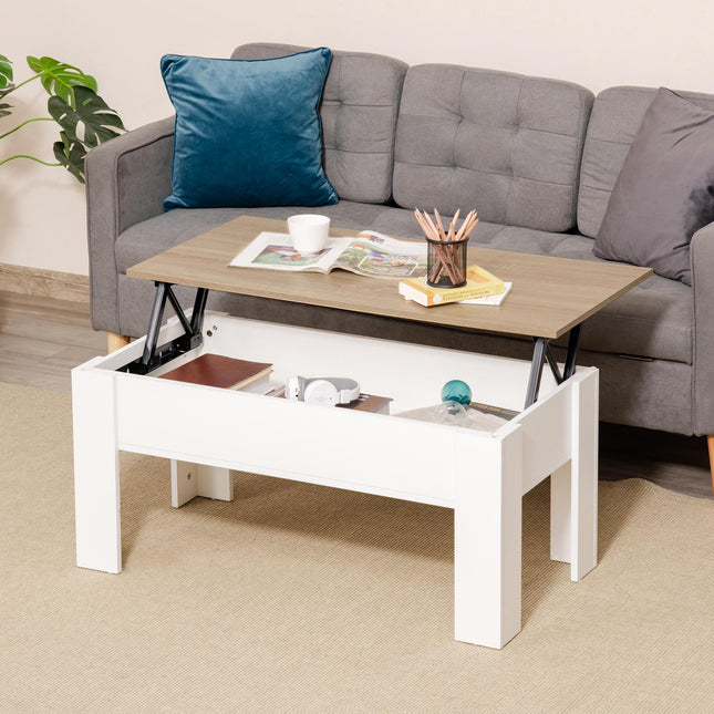 Lift Top Coffee Table with Hidden Storage Compartment and Adjustable Height - White Oak