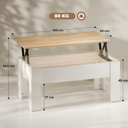 Lift Top Coffee Table with Hidden Storage Compartment and Adjustable Height - White Oak