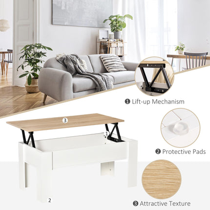 Lift Top Coffee Table with Hidden Storage Compartment and Adjustable Height - White Oak