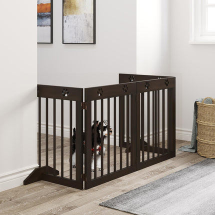 4-Panel Freestanding Folding Wooden Pet Gate 204cm x 61cm with Support Feet - Brown