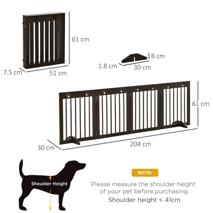 4-Panel Freestanding Folding Wooden Pet Gate 204cm x 61cm with Support Feet - Brown