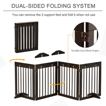 4-Panel Freestanding Folding Wooden Pet Gate 204cm x 61cm with Support Feet - Brown