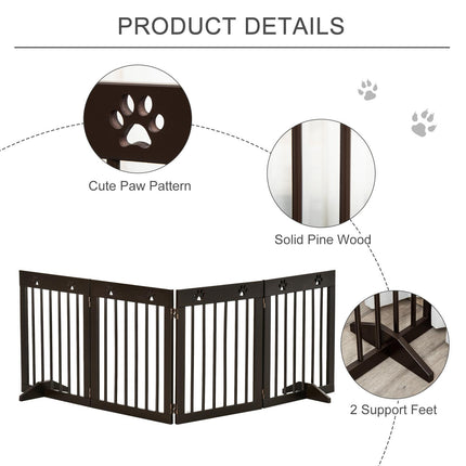 4-Panel Freestanding Folding Wooden Pet Gate 204cm x 61cm with Support Feet - Brown