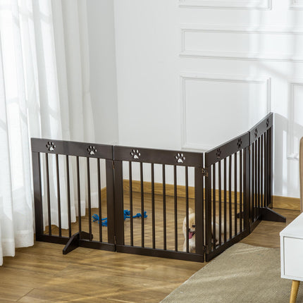 4-Panel Freestanding Folding Wooden Pet Gate 204cm x 61cm with Support Feet - Brown