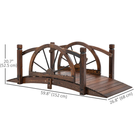 Wooden Garden Decorative Arc Footbridge with Wheel Guardrail Outdoor Pond Bridge - Carbonized