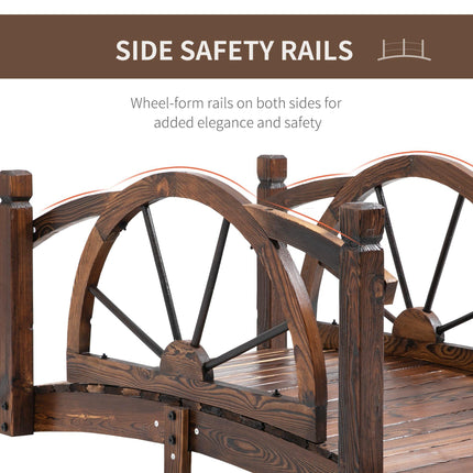Wooden Garden Decorative Arc Footbridge with Wheel Guardrail Outdoor Pond Bridge - Carbonized