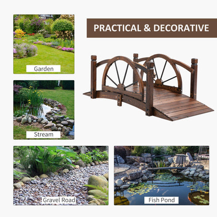 Wooden Garden Decorative Arc Footbridge with Wheel Guardrail Outdoor Pond Bridge - Carbonized