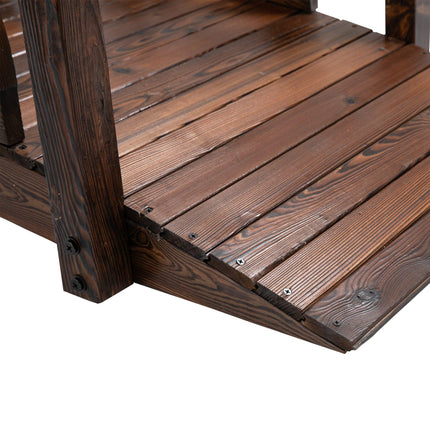 Wooden Garden Decorative Arc Footbridge with Wheel Guardrail Outdoor Pond Bridge - Carbonized
