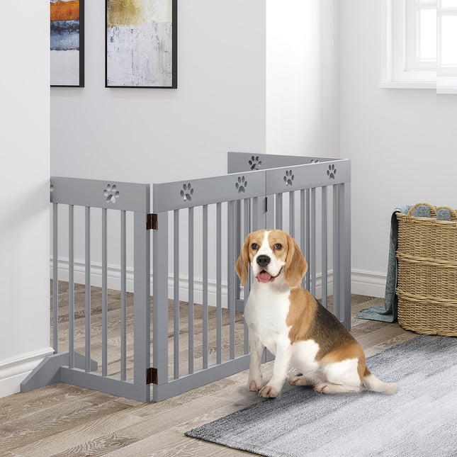 4 Panel Wooden Pet Gate Freestanding Folding Safety Fence 204cm x 61cm - Light Grey