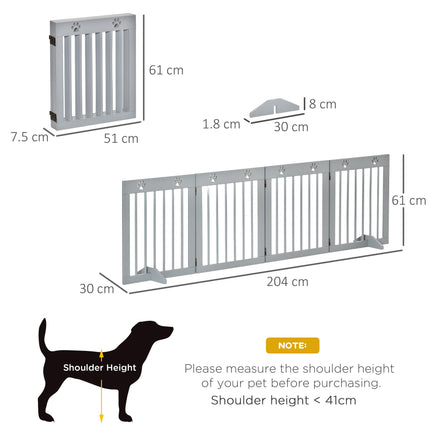 4 Panel Wooden Pet Gate Freestanding Folding Safety Fence 204cm x 61cm - Light Grey