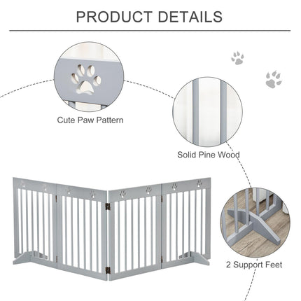 4 Panel Wooden Pet Gate Freestanding Folding Safety Fence 204cm x 61cm - Light Grey