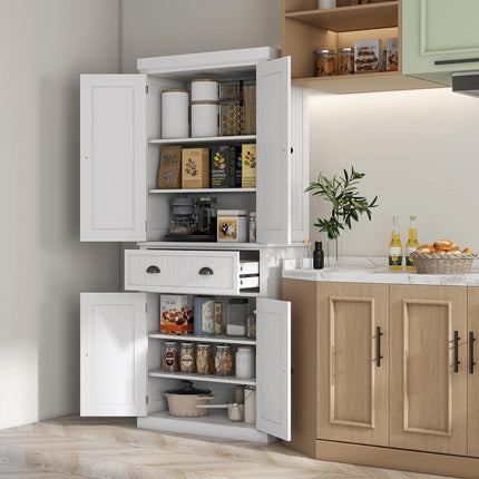 Traditional Kitchen Cupboard Storage Cabinet with Drawer, Doors & Adjustable Shelves - White