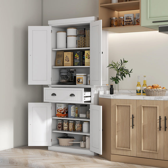Traditional Kitchen Cupboard Storage Cabinet with Drawer, Doors & Adjustable Shelves - White