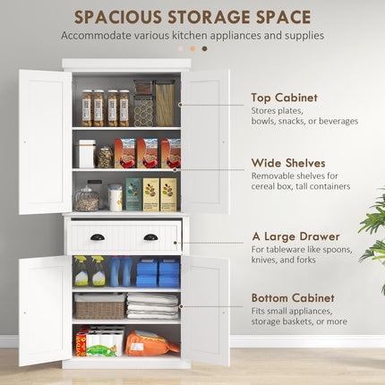 Traditional Kitchen Cupboard Storage Cabinet with Drawer, Doors & Adjustable Shelves - White