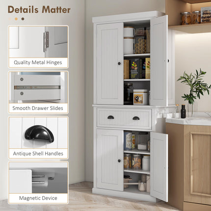 Traditional Kitchen Cupboard Storage Cabinet with Drawer, Doors & Adjustable Shelves - White