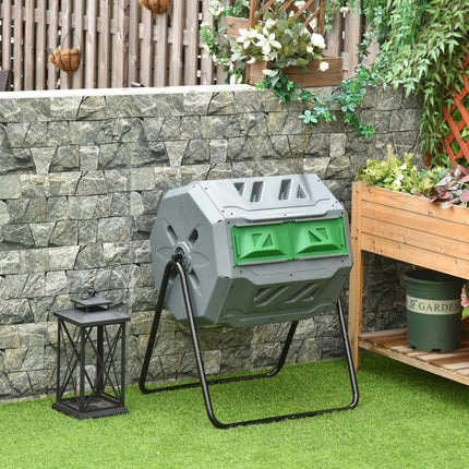 160L Dual Chamber Compost Bin with 360° Rotation and Steel Frame - Grey