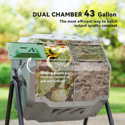 160L Dual Chamber Compost Bin with 360° Rotation and Steel Frame - Grey
