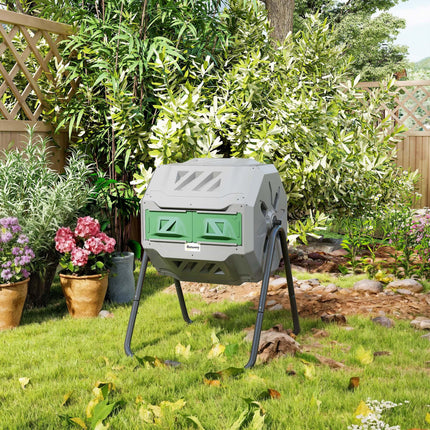 160L Dual Chamber Compost Bin with 360° Rotation and Steel Frame - Grey