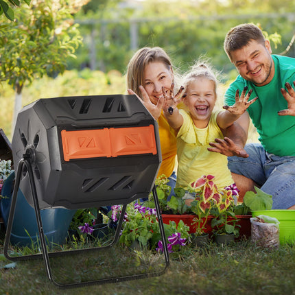 160L Dual Chamber Compost Bin with 360° Rotation for Efficient Composting - Orange