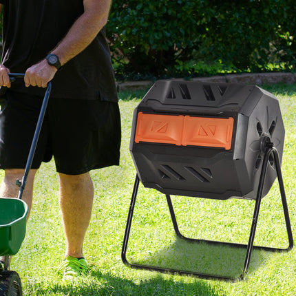 160L Dual Chamber Compost Bin with 360° Rotation for Efficient Composting - Orange
