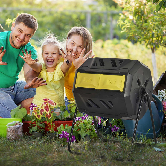 160L Dual Chamber Compost Bin with 360° Rotation - Yellow