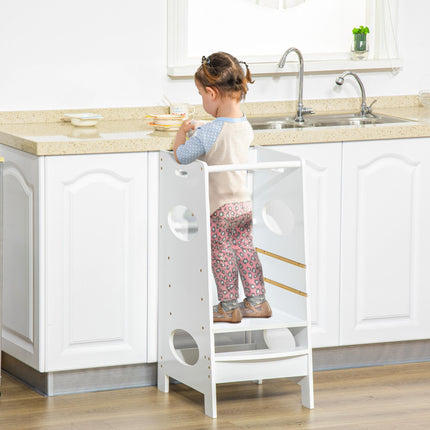 Kids Adjustable Step Stool Tower with Guardrails for Kitchen Counter - White