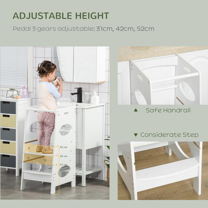 Kids Adjustable Step Stool Tower with Guardrails for Kitchen Counter - White