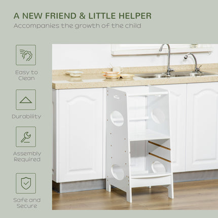 Kids Adjustable Step Stool Tower with Guardrails for Kitchen Counter - White