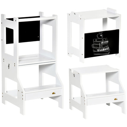2-in-1 Kids Step Stool and Toddler Table Chair Set with Chalkboard and Safety Rail - White