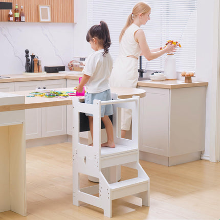 2-in-1 Kids Step Stool and Toddler Table Chair Set with Chalkboard and Safety Rail - White