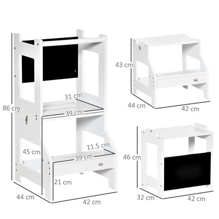 2-in-1 Kids Step Stool and Toddler Table Chair Set with Chalkboard and Safety Rail - White