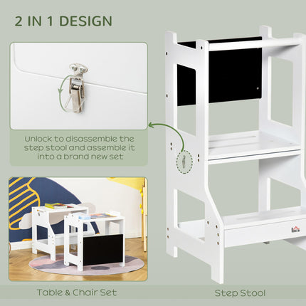 2-in-1 Kids Step Stool and Toddler Table Chair Set with Chalkboard and Safety Rail - White