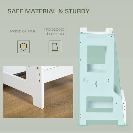 2-in-1 Kids Step Stool and Toddler Table Chair Set with Chalkboard and Safety Rail - White