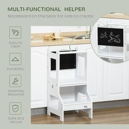 2-in-1 Kids Step Stool and Toddler Table Chair Set with Chalkboard and Safety Rail - White