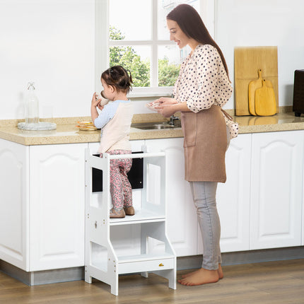 2-in-1 Kids Step Stool and Toddler Table Chair Set with Chalkboard and Safety Rail - White