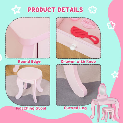 Kids 2 Piece Vanity Table and Stool Set with Mirror - Pink