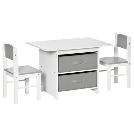 3 Piece Kids Table and Chairs Set with Storage Drawers - White