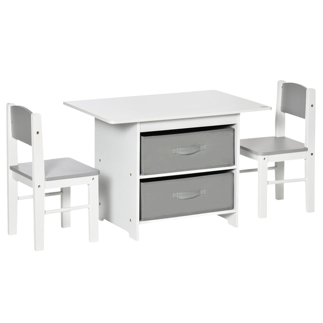 3 Piece Kids Table and Chairs Set with Storage Drawers - White
