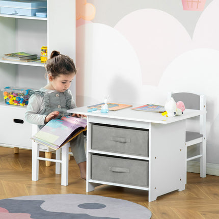 3 Piece Kids Table and Chairs Set with Storage Drawers - White