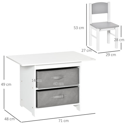 3 Piece Kids Table and Chairs Set with Storage Drawers - White