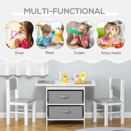 3 Piece Kids Table and Chairs Set with Storage Drawers - White